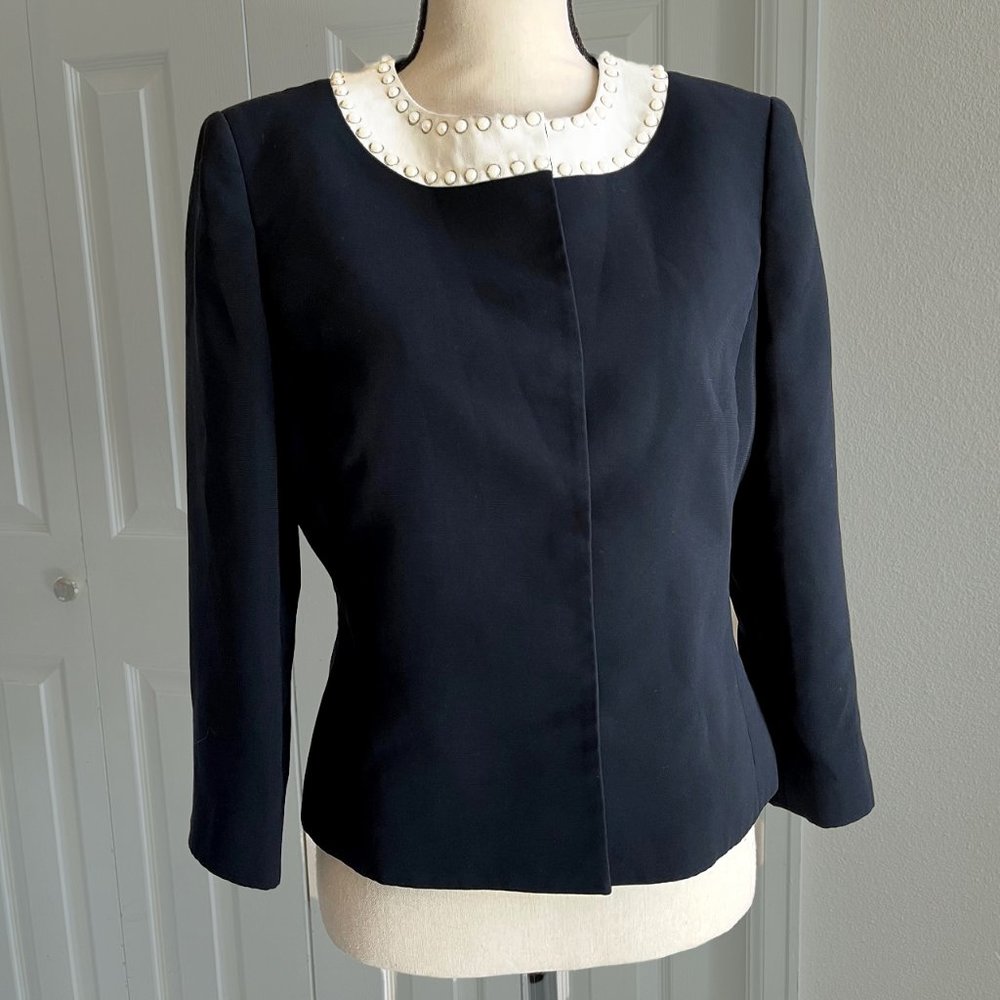 Tahari ASL Navy Blazer Jacket Faux Pearl Collar White Trim Crepe 8P Medium Retro
